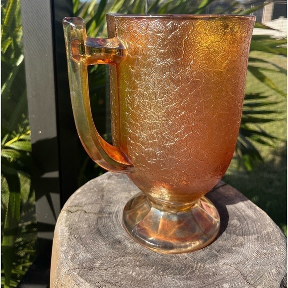 Vintage Jeannette Iridescent Crackle Marigold Carnival Glass Pitcher 8" - Picture 3 of 12